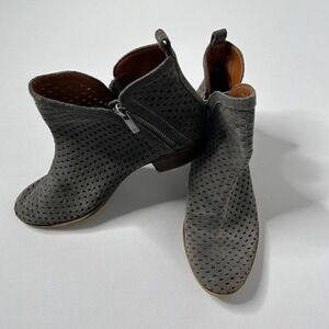 Womens Lucky Brand Gray Suede Leather Perforated Ankle Booties Boots